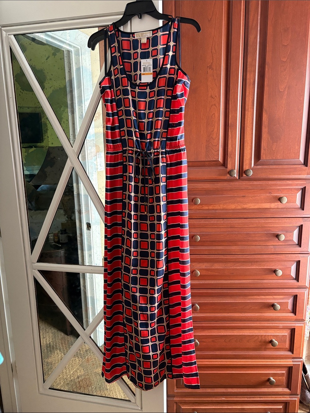 Michael Kors Watermelon and Navy Geometric Slinky Maxi Dress